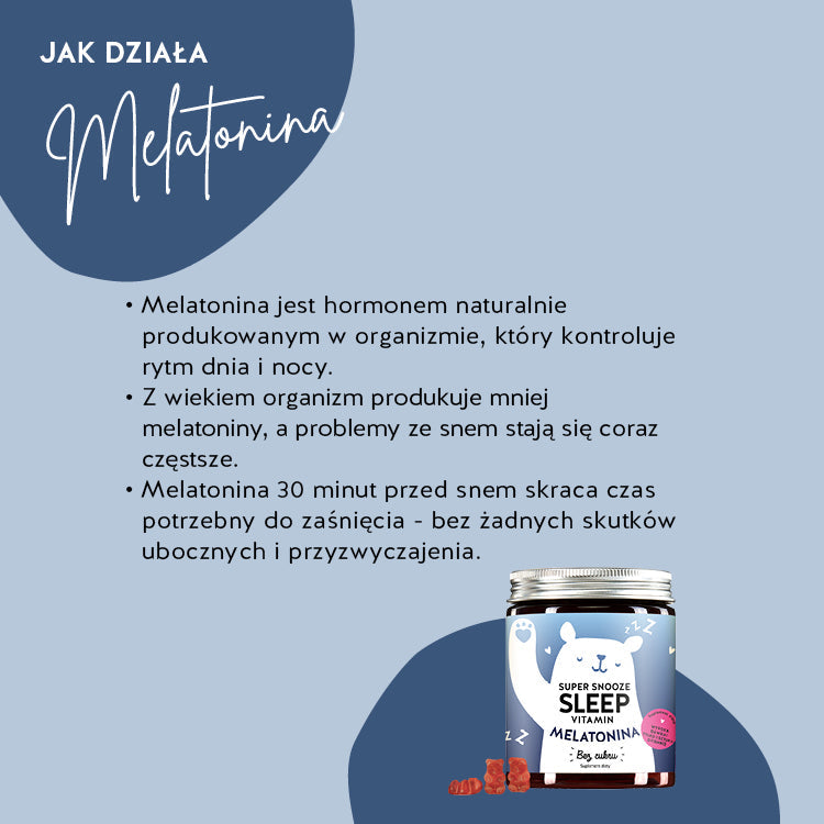 Jest to efekt działania Super Snooze Sleep witamin Bears with Benefits z Melatonina, Witamina B6, Ekstrakt z męczennicy.