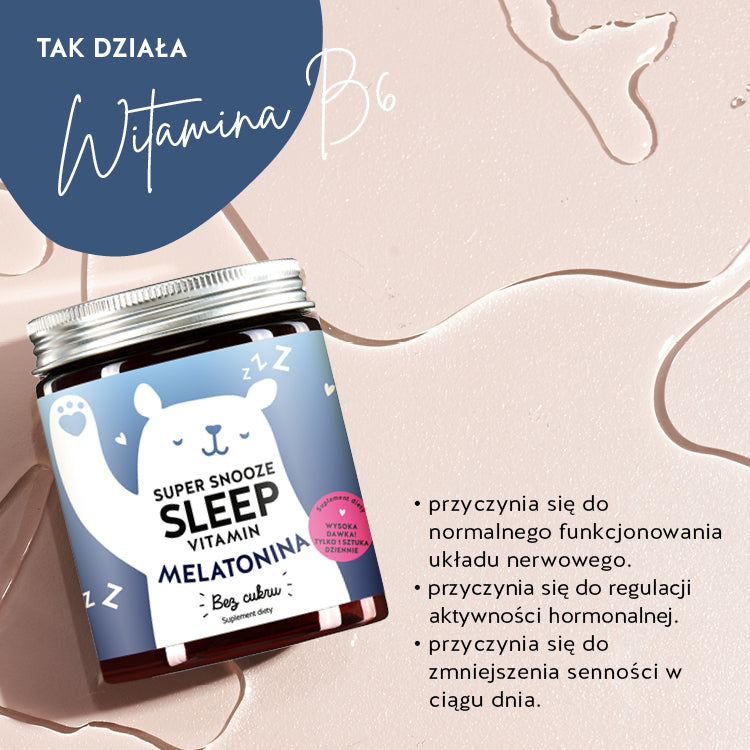 Jest to efekt działania Super Snooze Sleep witamin Bears with Benefits z Melatonina, Witamina B6, Ekstrakt z męczennicy.