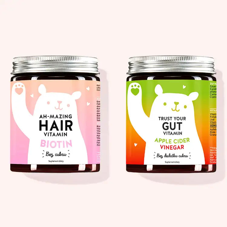 Zestaw 3 witamin Chwila dla siebie by Bears with Benefits składający się z bezcukrowych witamin Ah-mazing Hair z biotyną oraz witamin Trust Your Gut z octem jabłkowym, 
