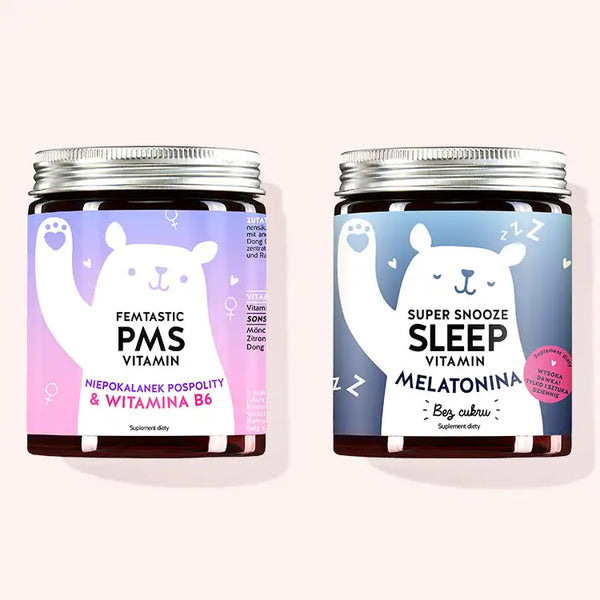 Zestaw 3 witamin Dream Team Duo by Bears with Benefits składający się z witamin Femtastic PMS z ekstraktem z niepokalanka pospolitego oraz witamin Super Snooze Sleep z melatoniną.