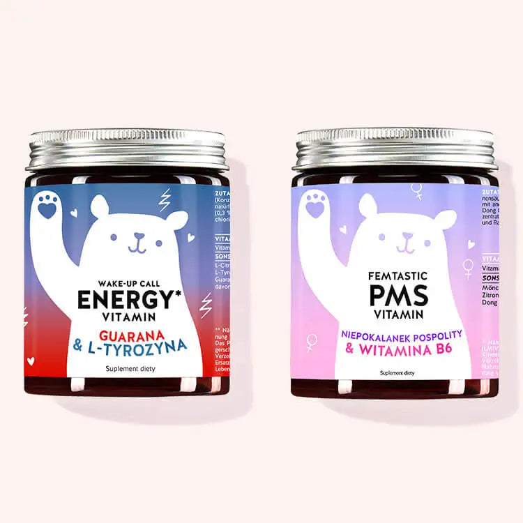 Duet Female Power od Bears with Benefits składa się z Wake Up Call Energy Vitamins z guaraną i Femtastic PMS Vitamins z ekstraktem z niepokalanka pospolitego.
