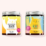 Zestaw 2 witamin Duet dla małych superbohaterów Bears with Benefits składający się z witamin Hey Sunshine z witaminą D i witamin Doin It For The Kids z multiwitaminą.