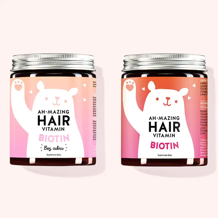 Zestaw "Strong Hair Don't Care Duo" 2 składający się z Ah-mazing Hair, bez cukru witamin i Ah-mazing Hair witamin z Zynk, Witamina C, Biotyna, Witamina A, Jod, Witamina B4, Kwas Pantotenowy, Witamina B6, Witamina E, Witamina B8, Kwas Foliowy.