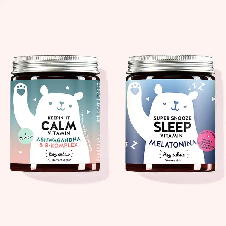 Zestaw "Duet na spokojny sen" 2 składający się z Super Snooze Sleep witamin i Keepin’ it Calm witamin z Ashwagandha, Witamina B1, Witamina B2, Witamina B6, Witamina B12, Melatonina, Ekstrakt z męczennicy.