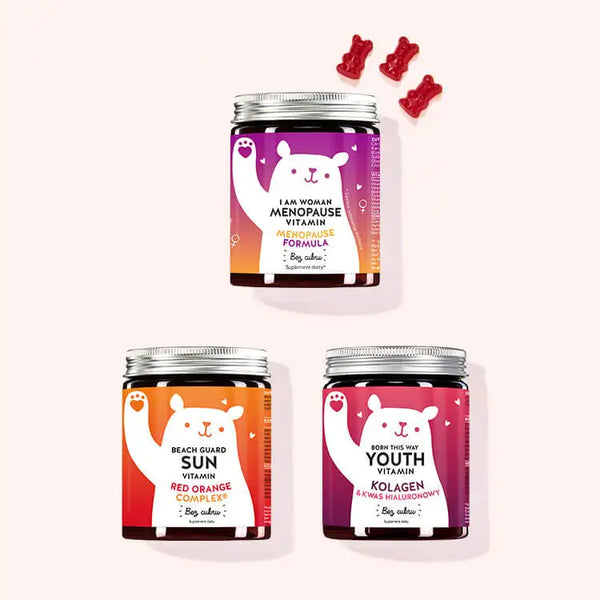 Zestaw 3 witamin Age Perfect Trio by Bears with Benefits składający się z I Am Woman Vitamins with Menopause Formula, Beach Guard Sun Vitamins with Red Orange Complex i Born This Way Youth Vitamins with Collagen.