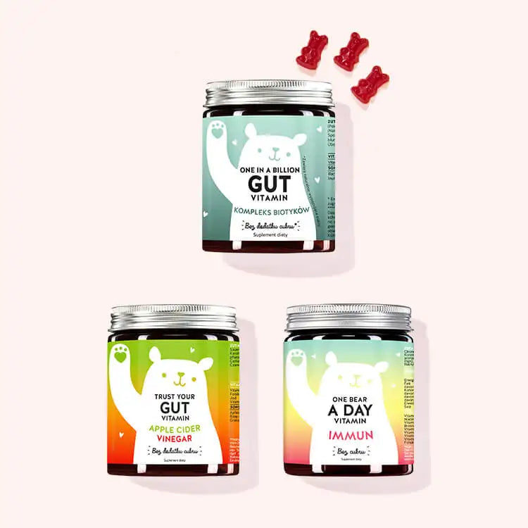 Zestaw Trio dla jelit i układu odpornościowego 3 składający się z One in a Billion Gut witamin, Trust your Gut witamin i One Bear a Day witamin z Bacillus coagulans, octem jabłkowym i kompleksem multiwitaminowym od Bears with Benefits.