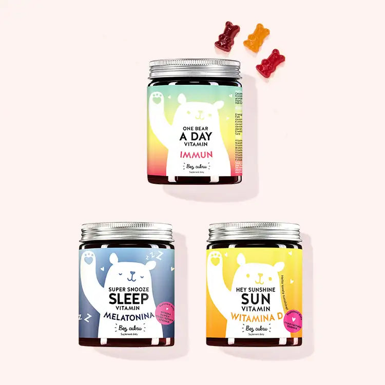 Zestaw "Trio dla twojego systemu odpornościowego" 3 składający się z Hey Sunshine witamin, One Bear A Day witamin i Super Snooze Sleep witamin z Biotyna, Witamina E, Witamina D, Witamina C, Witamina A, Witamina B6, Witamina B2, Kwas Foliowy, Niacyna, Melatonina, Ekstrakt z męczennicy.