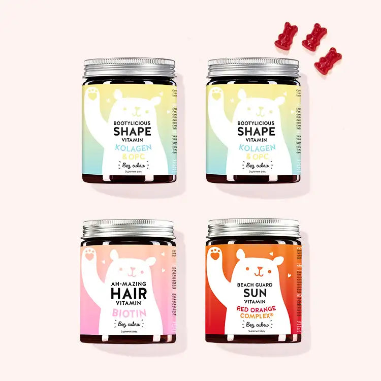 Zestaw "Promienna niczym słońce" 4 składający się z Beach Guard Sun witamin, Ah-mazing Hair i 2x Bootylicious Shape witamin z OPC, Witamina C, Kolagen, Witamina E, Cynk, Biotyna, Witamina A, Jod, Witamina B4, Kwas Pantotenowy, Witamina B6, Witamina B8, Kwas Foliowy, Red Orange Complex.