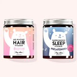  Zestaw "Zestaw śpij smacznie" 2 składający się z Super Snooze Sleep witamin i Ah-mazing Hair witamin z Witamina B6, Melatonina, Ekstrakt z męczennicy, Cynk, Witamina C, Biotyna, Witamina A, Jod, Witamina B4, Kwas Pantotenowy, Witamina B6, Witamina E, Witamina B8, Kwas Foliowy.