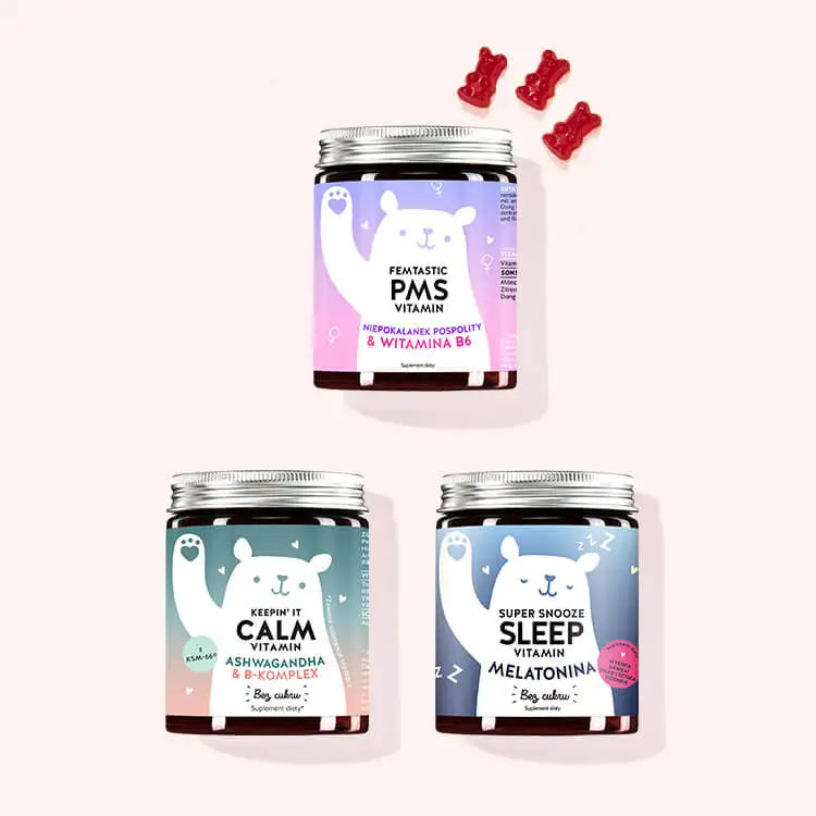 Zestaw 3 produktów "Wycisz się & pokochaj siebie" od Bears with Benefits składający się z witamin Femtastic PMS z Niepokalanek mnisi, Keepin'It Calm z Ashwagandha oraz ESuper Snooze Sleep z melatonina.