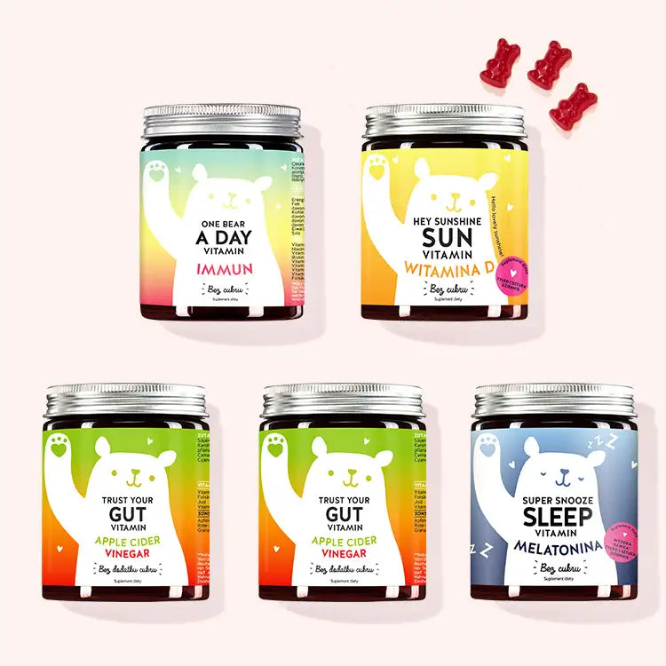 Zestaw "Zestaw ‘bądź zdrów’" 5 składający się z Hey Sunshine witamin, One Bear A Day witamin, Super Snooze Sleep witamin i 2x Trust your Gut witamin z Biotyna, Witamina E, Witamina D, Witamina C, Witamina A, Witamina B6, Witamina B2, Kwas Foliowy, Niacyna, Jod, Witamina B12, Sok z buraka w proszku, Sproszkowany sok z granatu, Ocet jabłkowyw proszku, Melatonina, Ekstrakt z męczennicy.