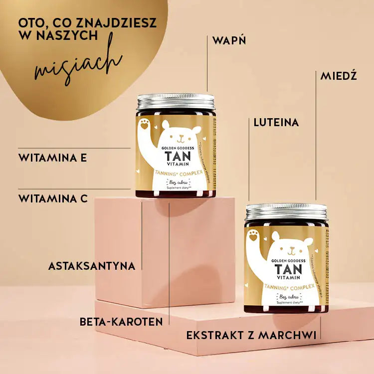 To zdjęcie przedstawia składniki Golden Goddes Tan Bears z beta karotenem. Beta karoten, astaksantyna, witaminy C i E, wapń, luteina, miedź i ekstrakt z marchwi.