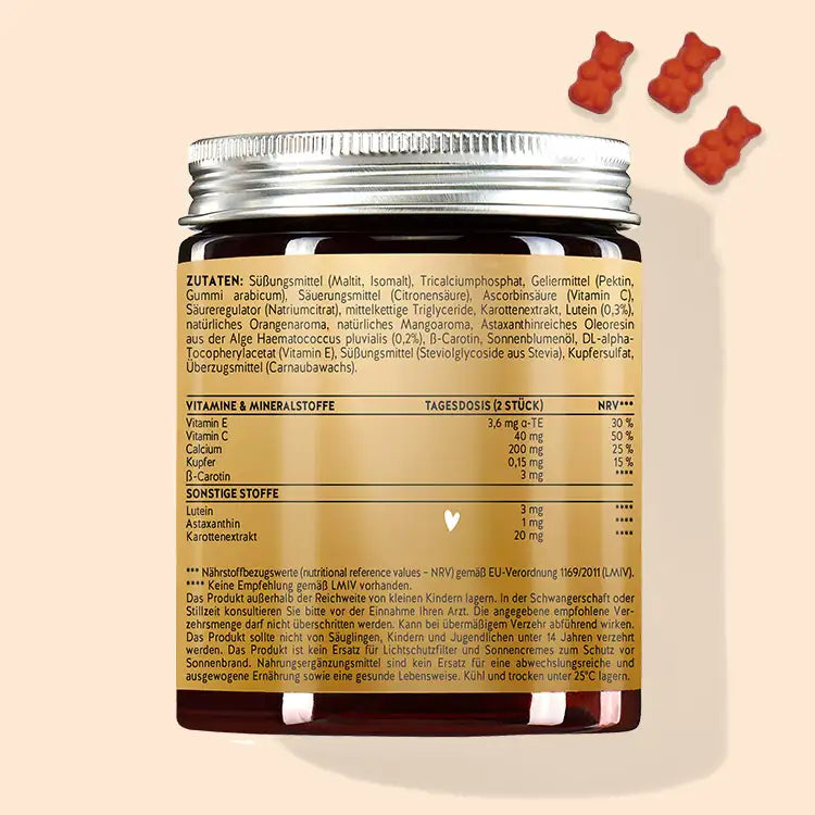 Oto tył opakowania Golden Goddess Tan Bears z beta-karotenem. Pokazuje informacje o wartościach odżywczych i listę składników produktu.