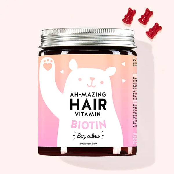 Zdjęcie przedstawia puszkę produktu Ah-mazing Hair bezcukrowe witaminy z biotyną firmy Bears with Benefits.