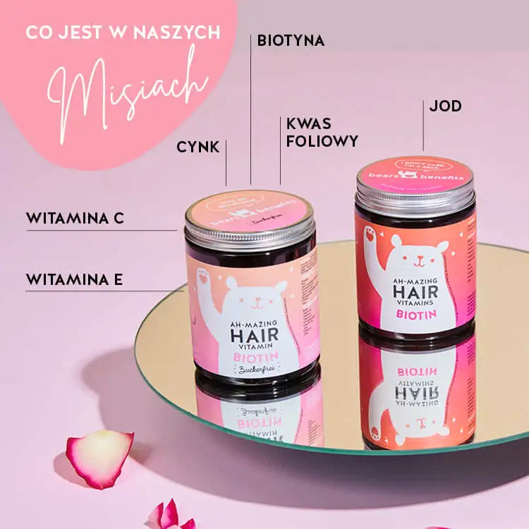 Te witaminy i składniki odżywcze znajdują się w Ah-mazing Hair Vitamins od Bears with Benefits: biotyna, kwas foliowy, jod, cynk, witamina C, a także witamina E.