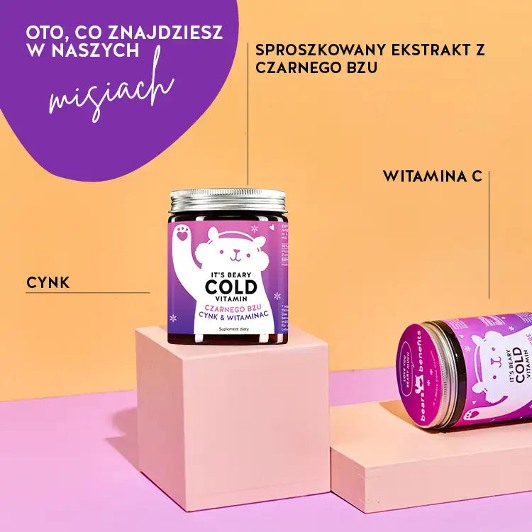 Te składniki i substancje odżywcze znajdują się w witaminach It's Beary Cold od Bears with Benefits: witamina C, miód, cynk i ekstrakt z czarnego bzu.