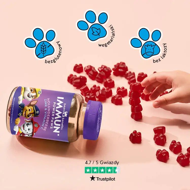 To zdjęcie przedstawia zalety produktu Immune Power Paws z czarnym bzem dla dzieci marki Bears with Benefits. Bezglutenowe, wegetariańskie i bez laktozy.