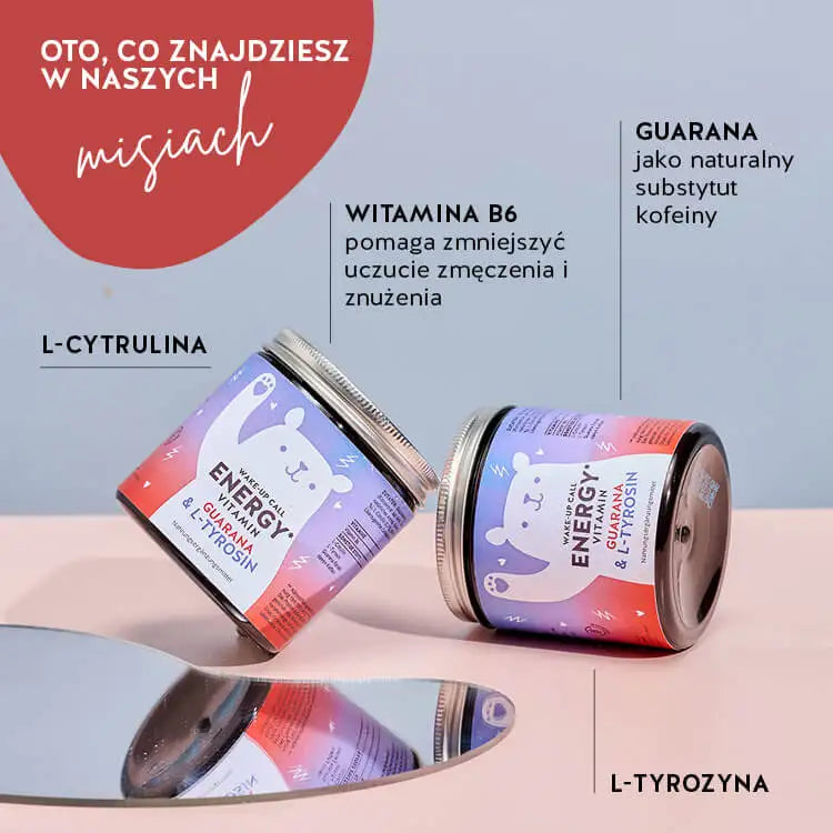 Te składniki i substancje odżywcze znajdują się w Wake-Up Call Energy witaminach Bears with Benefits: l-cytrulina, witamina B6, guarana i l-tyrozyna.