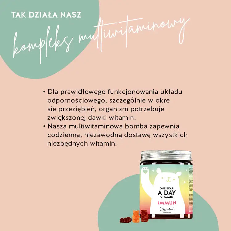 Jest to efekt działania One Bear A Day witamina Bears with Benefits z Biotyna, Witamina E, Witamina D, Witamina C, Witamina A, Witamina B6, Witamina B2, Kwas Foliowy, Niacyna.