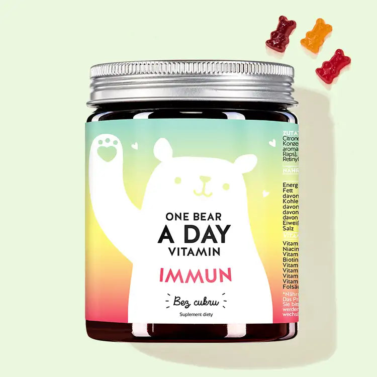 Puszka One Bear A Day Immune Vitamins z kompleksem multiwitaminowym od Bears with Benefits dla układu odpornościowego.