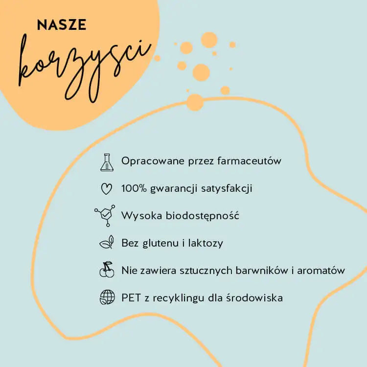 Produkty Bears with Benefits zostały opracowane we współpracy z farmaceutami, charakteryzują się wysoką przyswajalnością oraz nie zawierają glutenu i laktozy. Opakowanie jest wykonane z recyklingowanego tworzywa PET, a gwarancja satysfakcji wynosi 100%.