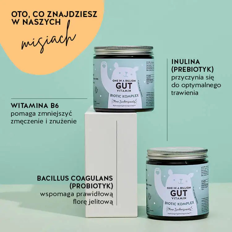 Te składniki i substancje odżywcze znajdują się w One in a Billion Gut witaminach Bears with Benefits: Bacillus Coagulans (Probiotyk), Inulina (Prebiotyk) i Witamina B6