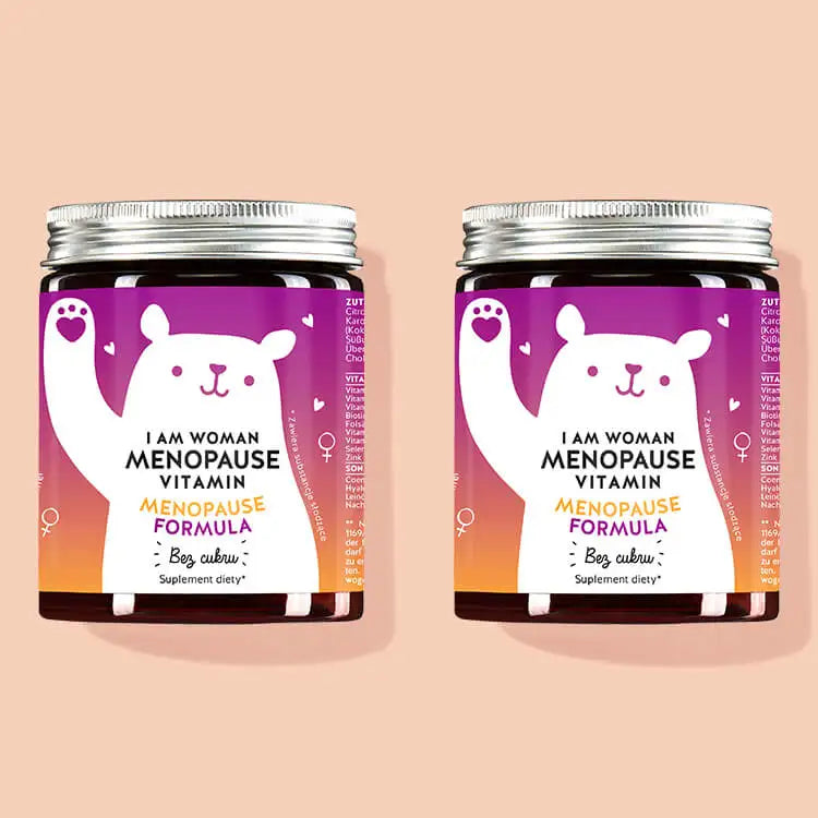 1 miesięczna kuracja I am Woman Menopause Witaminy z Biotyna, Kwas foliowy, Witamina E, Witamina B6, Witamina B12, Koenzym Q10, Kwas Hialuronowy, Olej lniany, Olej z wiesiołka, Witamina C, Witamina D, Cynk, Selen.