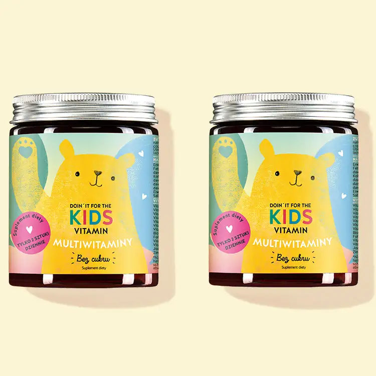 Witaminy Doin`It For The Kids z kompleksem multiwitaminowym dla dzieci firmy Bears with Benefits jako 2-miesięczna kuracja.