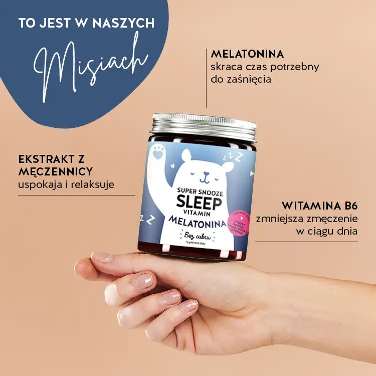 Te składniki i substancje odżywcze znajdują się w Super Snooze Sleep witaminach Bears with Benefits: Melatonina, Witamina B6, Ekstrakt z męczennicy.