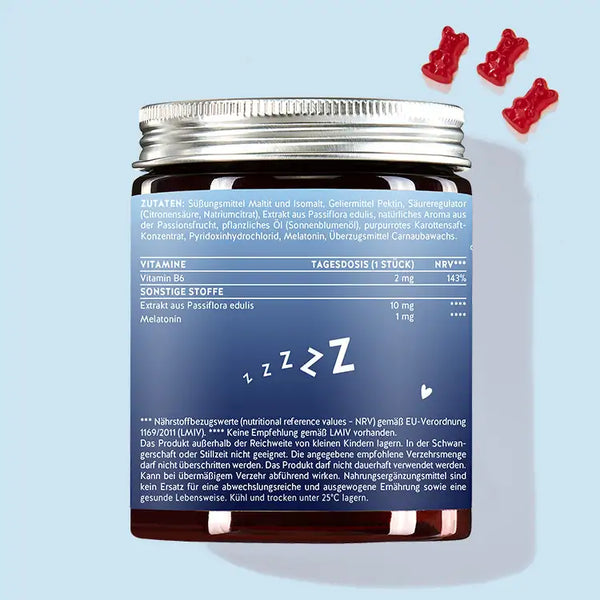Oto tył opakowania Super Snooze Sleep Bears z melatoniną. Pokazuje informacje o wartościach odżywczych i listę składników produktu.