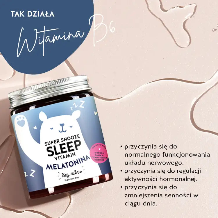 Oto jak działają witaminy Super Snooze Sleep Vitamins z witaminą B6: przyczyniają się do prawidłowego funkcjonowania układu nerwowego, pomagają regulować aktywność hormonalną i pomagają zmniejszyć senność w ciągu dnia.