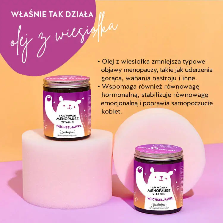 Jest to efekt działania I am Woman witamin Bears with Benefits z Biotyna, Witamina B6, Witamina B12, Koenzym Q10, Kwas hialuronowy, Olej lniany, Olej z wiesiołka, Witamina C, Witamina D, Witaminy E, Cynk, Selen, Kwas foliowy.