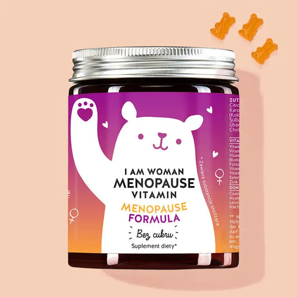 Puszka I am Woman Menopause Vitamin z olejem z wiesiołka i olejem lnianym od Bears with Benefits na menopauzę.