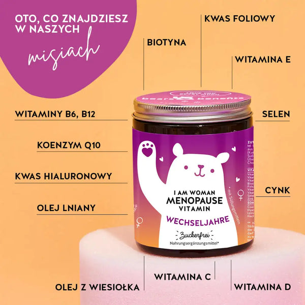 Te składniki i substancje odżywcze znajdują się w I am Woman witaminach Bears with Benefits: Biotyna, Witamina B6, Witamina B12, Koenzym Q10, Kwas hialuronowy, Olej lniany, Olej z wiesiołka, Witamina C, Witamina D, Witaminy E, Cynk, Selen, Kwas foliowy.