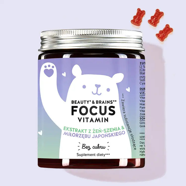 Zdjęcie przedstawia puszkę produktu Beauty & Brains Focus z ekstraktem z miłorzębu japońskiego i żeń-szenia firmy Bears with Benefits.