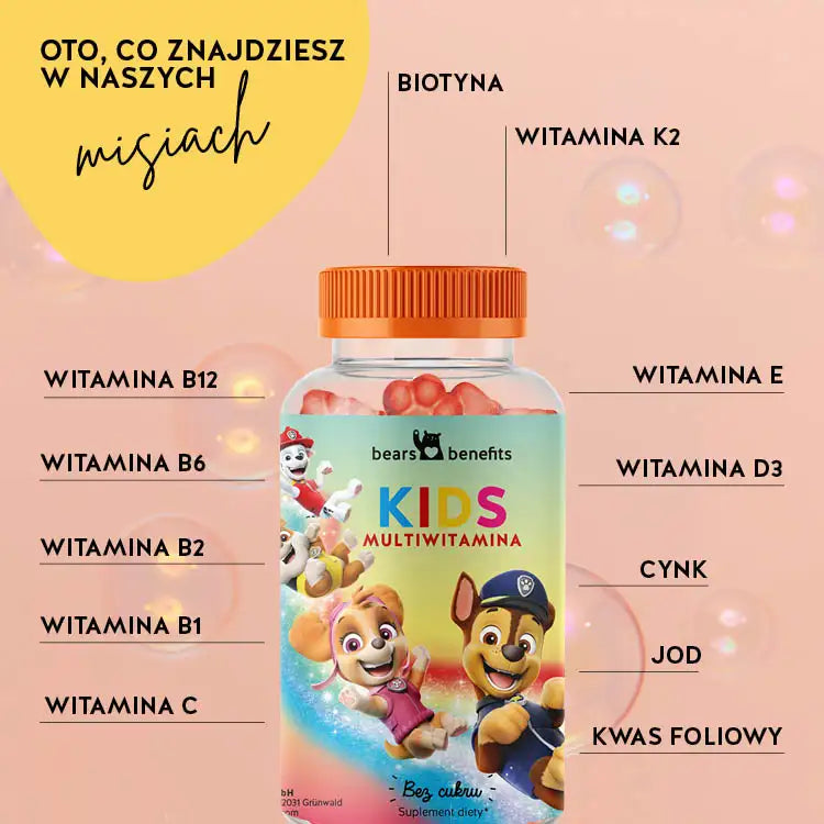 To zdjęcie przedstawia składniki misiów Paw Patrol z kompleksem multiwitaminowym dla dzieci. Witamina K2, witamina D3, witamina C, witamina B12, witamina B6, witamina B2, witamina B1, biotyna, witamina E, kwas foliowy, cynk i jod.