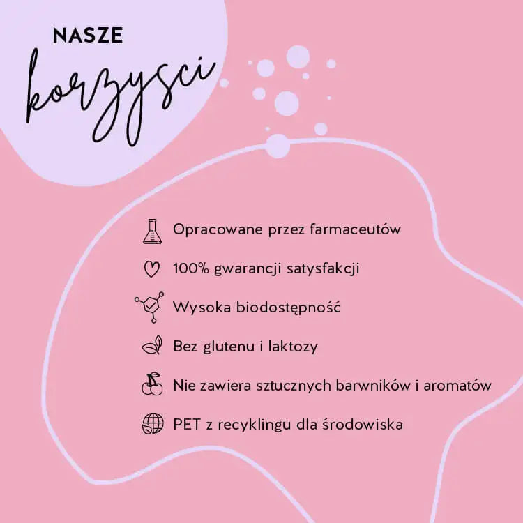 Produkty Bears with Benefits zostały opracowane we współpracy z farmaceutami, charakteryzują się wysoką przyswajalnością oraz nie zawierają glutenu i laktozy. Opakowanie jest wykonane z recyklingowanego tworzywa PET, a gwarancja satysfakcji wynosi 100%.