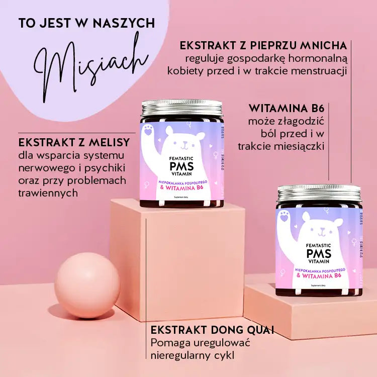 Te składniki i substancje odżywcze znajdują się w Femtastic PMS witaminach Bears with Benefits: Witamina B6, Ekstrakt dong quai, Ekstrakt z melisy, Ekstrakt z pieprzu mnicha.