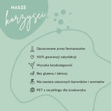 Produkty Bears with Benefits zostały opracowane we współpracy z farmaceutami, charakteryzują się wysoką przyswajalnością oraz nie zawierają glutenu i laktozy. Opakowanie jest wykonane z recyklingowanego tworzywa PET, a gwarancja satysfakcji wynosi 100%.