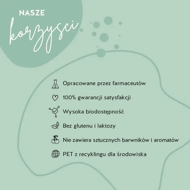 Produkty Bears with Benefits zostały opracowane we współpracy z farmaceutami, charakteryzują się wysoką przyswajalnością oraz nie zawierają glutenu i laktozy. Opakowanie jest wykonane z recyklingowanego tworzywa PET, a gwarancja satysfakcji wynosi 100%.