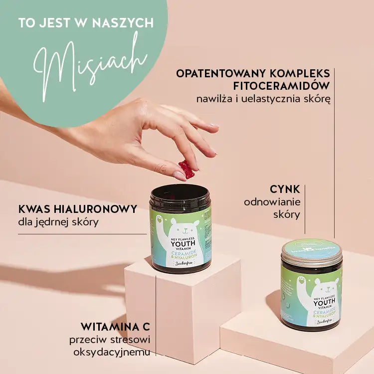 Te składniki i substancje odżywcze znajdują się w Hey Flawless Youth witaminach Bears with Benefits: Cynk, Witamina C, Kwas hialuronowy, Opatentowany kompleks fitoceramidów.