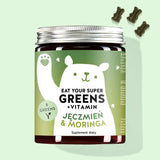 Puszka Eat your Super Greens z trawą jęczmienną, moringą i 6 innymi roślinami zielonymi od Bears with Benefits jako wszechstronny produkt zapewniający dobre samopoczucie.