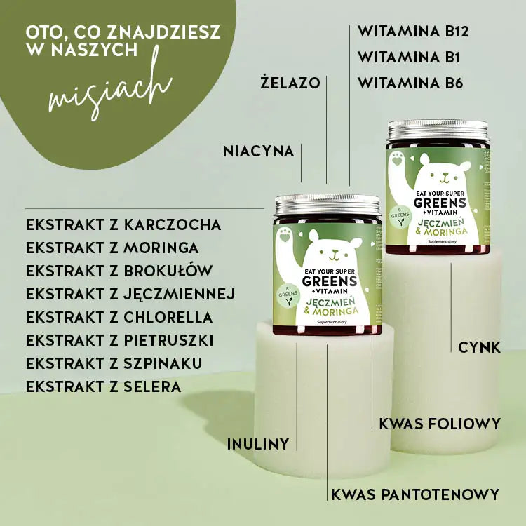 Te składniki i substancje odżywcze znajdują się w Eat your Super Greens Vitamins by Bears with Benefits: witamina B12, B1, B6, niacyna, kwas foliowy, kwas pantotenowy, cynk, żelazo, ekstrakt z liści karczocha, ekstrakt z liści moringi, ekstrakt z brokułów, ekstrakt z trawy jęczmiennej, ekstrakt z chlorelli, ekstrakt z pietruszki, ekstrakt ze szpinaku, ekstrakt z selera, inulina.