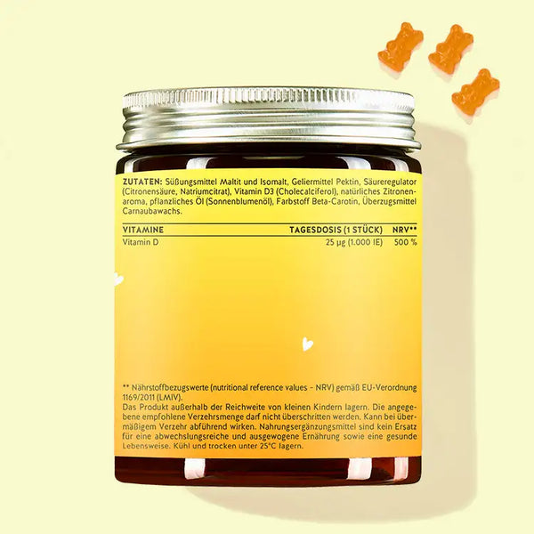 Oto tylna część opakowania Hey Sunshine Sun Bears z witaminą D. Pokazuje informacje o wartościach odżywczych i listę składników produktu.