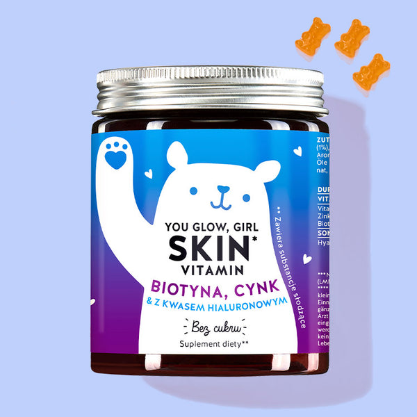 Zdjęcie przedstawia puszkę produktu You Glow, Girl Skin with Biotin, Zinc and Hyaluron firmy Bears with Benefits.