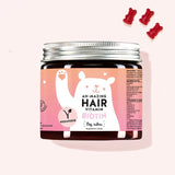 Zdjęcie przedstawia puszkę produktu Ah-mazing Hair bezcukrowe witaminy z biotyną firmy Bears with Benefits.